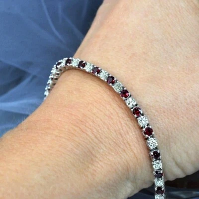 Diamond Tennis Bracelet GLI Lab Grown Round 4 Carat Fine 14K White Gold Ruby - Image 1 of 4