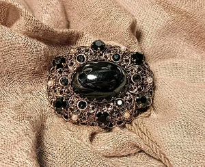 Vintage WESTERN GERMANY filigree Brooch Black And Grey Stone Pearl signed Large - Picture 1 of 7