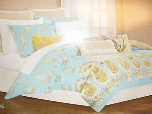 ECHO PAROS 9 PIECE QUEEN COMFORTER SET GREEK BLUE BOHO MOROCCAN PAISLEY GLOBAL - Picture 1 of 11