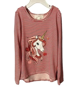 BTWEEN Girls Short Sleeve Red/White Stripe Unicorn Sparkles Shirt Top Size 5 - Picture 1 of 4