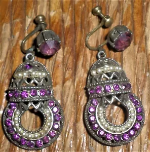 Stunning VIntage Ornate Amethyst & Pearl Screw Back Earrings NICE! - Picture 1 of 6