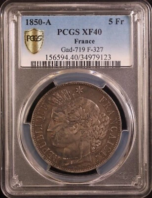 1850-A France "Ceres Head w/ Motto" Silver 5 Francs - PCGS XF40 - Tougher Type! - Image 1 of 4