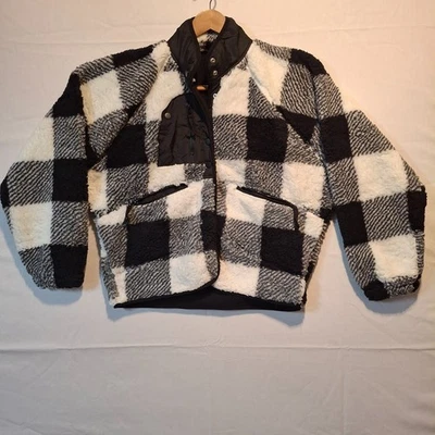 Chaqueta polar XL para mujer negra blanca patrón a cuadros cierre a presión acogedora sin marca Foto 1 de 4