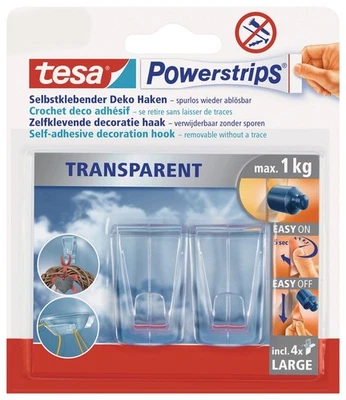 TESA Deko Haken 2 Stück Powerstrips Klebehaken Kristallklar Wandhaken max. 1 kg - Bild 1 von 4