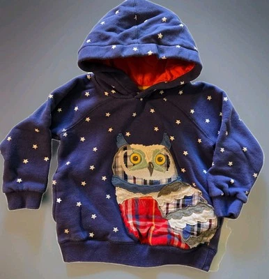 Mini Boden Owl Appliqué Hoodie 2–3Y Stars Print Pullover Sweatshirt Navy - Image 1 of 4