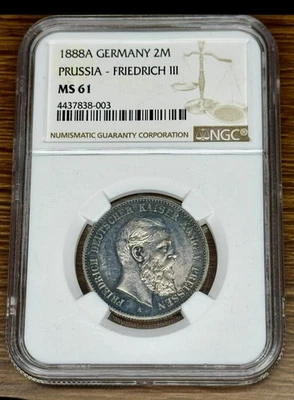 1888 A PRUSIA PLATA ESTADO ALEMÁN 2 MARCOS FRIEDRICH III MONEDA NGC ESTADO COMO NUEVO 61 Foto 1 de 2