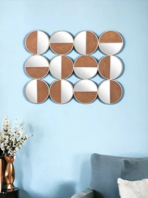 Set of Twelve Gold and Walnut Round Steel Framed Accent Mirror - Image 1 of 4