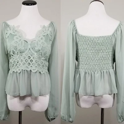 Nueva Blusa Rue 21 Plus Encaje 2X Mujer Campesina Boho Fruncida Manga Larga Gitana Top Foto 1 de 4