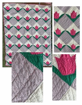 Vintage Hand Stitched Tulips Quilt For Full bed 84” X 70” Hand Quilting Pinks - Image 1 of 4