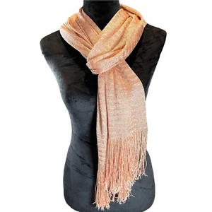 CHICOS Peach Knit with Metallic Threads Scarf Crochet Style With Fringe Stretch - Picture 1 of 7