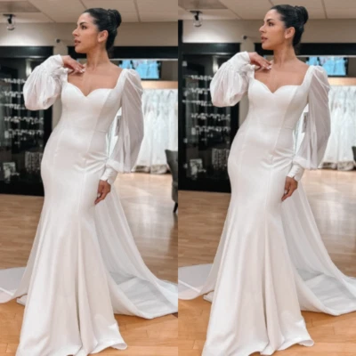 Satin Memaid Wedding Dresses with Detachable Train Long Sleeves Bridal Gowns - Image 1 of 4