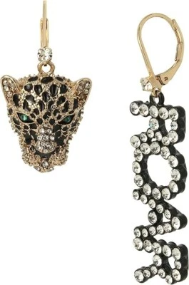 NUEVOS PENDIENTES BETSEY JOHNSON NEGROS, TONO DORADO, CRISTALES RUGIDOS, CABEZA DE LEOPARDO DESAJUSTE Foto 1 de 2