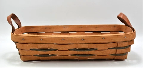Longaberger 1993 Cracker Basket with Green Accent Weaves 2 Leather Handles Cover