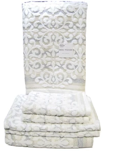 6 tlg Handtuch Set Beau Monde 2 Bad 2 Hände 2 Fingerspitzen Schnörkel Streifen Neutral - Bild 1 von 2
