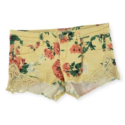 Vanilla Star Yellow Floral Distressed Crochet Appliqué Denim Short Shorts Size 5 - Image 1 of 4