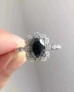 Art Deco Style Lab-Created Diamond Onyx Birthday Gift Ring 14k White Gold Finish - Picture 1 of 9