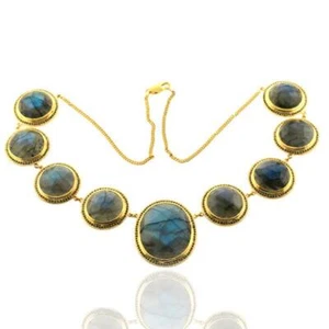 188ct Bezel Set Labradorite Diamond Chain Matinee Necklace 18k Yellow Gold - Picture 1 of 5