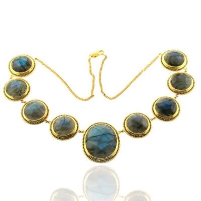 188ct Bezel Set Labradorite Diamond Chain Matinee Necklace 18k Yellow Gold - Image 1 of 4
