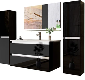 Badmöbel set Hochglanz 6 Tlg Schwarz Soft Close Badezimmer Möbel badmöbel 60 cm - Bild 1 von 11
