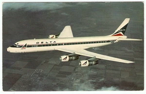 Cartolina promozionale pubblicitaria anni 70 DELTA AIRLINES Douglas DC-8 FANJET E WEAR - Foto 1 di 2