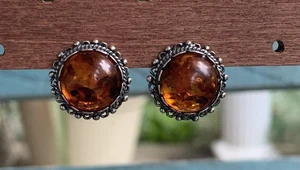 Vintage 925 Sterling Genuine Baltic Honey Amber Opulent Frame Stud earrings - Picture 1 of 6