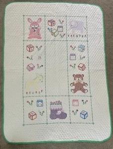 Baby Quilt Crib Hand Embroidered Flowers Blocks Animals 32x42 Vintage Blanket - Picture 1 of 10