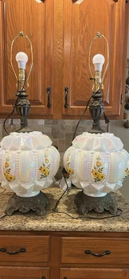 2 VTG Carl Falkenstein Hollywood Regency Beaded Melon Bubble Lamps White Glass - Image 1 of 4