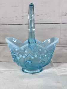 FENTON Aqua Blue Opalescent Lily of the Valley 7.5" Basket Vase Glass Handle - Picture 1 of 9