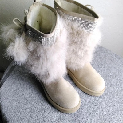 CARLKARIDA Boots Womens Size 8 Beige Faux Fur Pom Pom Crystal Winter Snow Shoes - Image 1 of 4