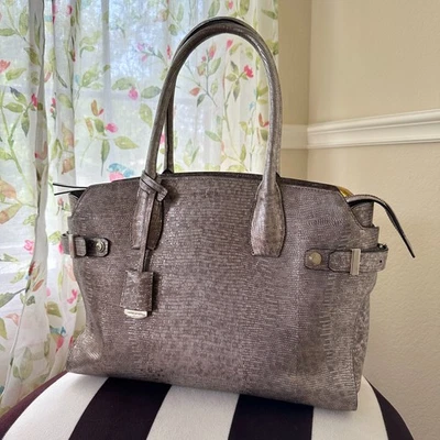 Henri Bendel Carlyle Metallic Pewter Lizard Print Large Leather Satchel Bag - Image 1 of 4