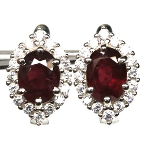 925 Sterling Silver 6 x 8 mm. Red Ruby & Cubic Zirconia Jewelry Earrings - Picture 1 of 4