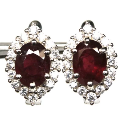 925 Sterling Silver 6 x 8 mm. Red Ruby & Cubic Zirconia Jewelry Earrings - Image 1 of 4