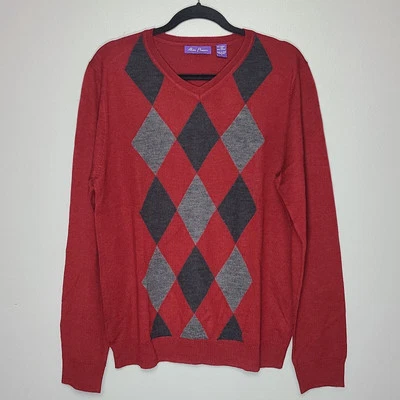 Alan Flusser Men's Wool Blend Long Sleeve Argyle Sweater Red Black Gray Foto 1 de 4