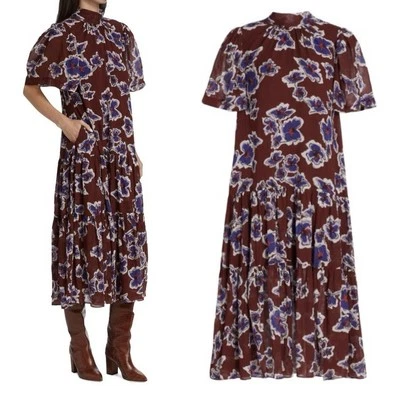 $545 TANYA TAYLOR Size XS Rochelle Floral Midi Dress Silk Cotton Blend Burgundy - Image 1 of 4
