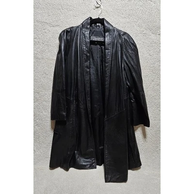 Abrigo de cuero Express vintage negro cuello chal palangre ropa de mujer swing suave Foto 1 de 4