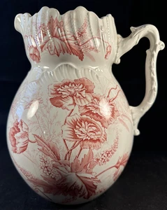 Jarra antigua Johnson Brothers piedra de hierro blanca roja transferware floral X-grande - Imagen 1 de 14