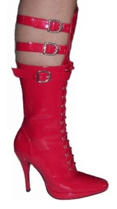Red Patent Boots Knee High Stiletto Heel Strappy Buckle Amanda Gothic UK 3 36 - Picture 1 of 5