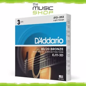 3 Pack, D'Addario EJ11-3D 12-53 Reg Light 80/20 Bronze Acoustic Guitar Strings - Picture 1 of 4