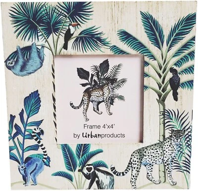 Wild Jungle Wooden Frame 4x4" MDF Wood w Green Leaves Monkey Cheetah tropical - Image 1 of 4