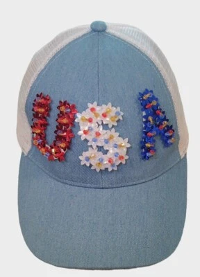 Anna & Ava Mujer Azul Y Blanco Malla Flor Lentejuelas América EE. UU. Sombrero  Foto 1 de 4