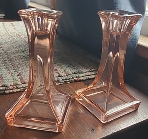 Set of 2 Vintage Candle Sticks Pink Glass 6.25 Inches Tall Dinner Depression? - Picture 1 of 4