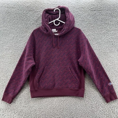 Толстовка с капюшоном женская Champion обратного плетения большая бордовая с логотипом по всему телу толстовка - Изображение 1 из 4