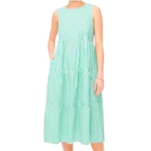 J. Crew Mint Green + White Sleeveless Ruffled Tiered Striped Midi Dress Size 8 - Picture 1 of 8