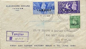 TANGIER 1946 KGVI REGD ‘VICTORY’ FDC TANGIER TO NEW YORK. DT 11TH JUN - Picture 1 of 2