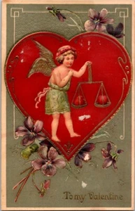 Postal vintage de los amantes de San Valentín corazón escamas de Cupido igual amor corazones retrato - Imagen 1 de 2