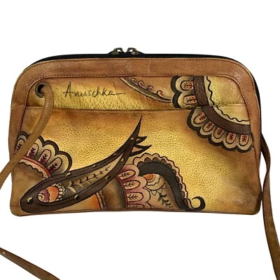 Anuschka Hand-Painted Multi Divider Leather Shoulder Bag Floral Paisley Design - Image 1 of 4