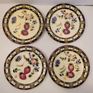Oneida Strawberry Plaid Dinner Plate Hand-Painted Ceramic 10 5/8" Dish Set of 4 - Picture 1 of 5