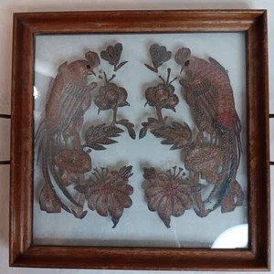 Vintage Serving Tray Folk Art Décor Wood Glass 13x13", Peacock, Wall Hanging - Picture 1 of 8