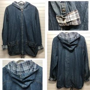 vtg L.A. Blues Hooded Full Zip Denim Jacket 18/20W Flip Cuffs Drawstring Waist - Picture 1 of 16