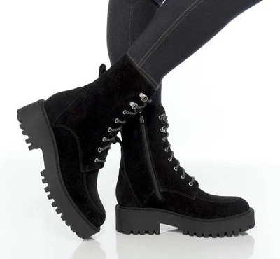 La Canadienne Nila Negro Gamuza Impermeable Plataforma Encaje Combate Botines EE. UU. 9 Foto 1 de 4